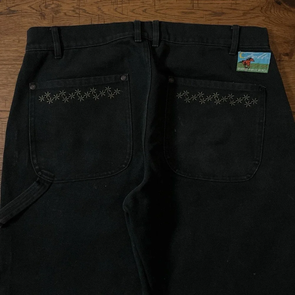 Felt Carpenter Jeans Mens 33x29 Black Streetwear Floral Double Knee Canvas